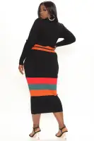 Elegant Black & Combo Striped Mock Neck Sweater Midi Dress - Long Sleeve, Heavy Rib Stretch (52% Viscose, 48% Nylon)(Black/combo,XS)
