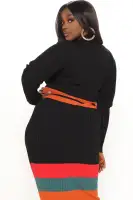Elegant Black & Combo Striped Mock Neck Sweater Midi Dress - Long Sleeve, Heavy Rib Stretch (52% Viscose, 48% Nylon)(Black/combo,XS)
