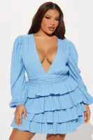 Elegant Blue & Rust Textured Ruffle Mini Dress with Deep V-Neck & Puff Sleeves(Blue,XS)