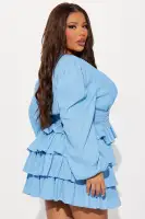Elegant Blue & Rust Textured Ruffle Mini Dress with Deep V-Neck & Puff Sleeves(Blue,XS)