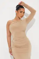 Elegant One-Shoulder Maxi Dress with Long Sleeves & Thigh Slit – Stretchy Polyester-Spandex Blend – Taupe(Taupe,XS)