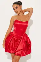 Sexy Red Satin Bubble Mini Dress with Corset Waist & Strapless Design(Red,XS)