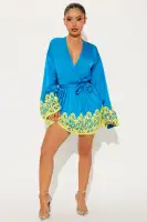 Elegant Blue Satin Mini Dress with Surplice Neckline & Bell Sleeves – Belted & Lace Trim
