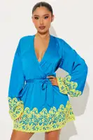 Elegant Blue Satin Mini Dress with Surplice Neckline & Bell Sleeves – Belted & Lace Trim(Blue/combo,XS)