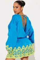Elegant Blue Satin Mini Dress with Surplice Neckline & Bell Sleeves – Belted & Lace Trim(Blue/combo,XS)