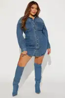 Vintage Wash Denim Mini Dress - Button Front & Long Sleeves - 100% Cotton(MEDIUM Wash,XS)