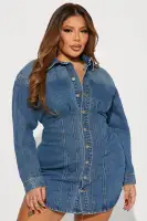 Vintage Wash Denim Mini Dress - Button Front & Long Sleeves - 100% Cotton(MEDIUM Wash,XS)