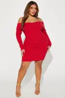 Off-Shoulder Sweater Mini Dress - Long Sleeve Stretch Fit in Off White & Red (50% Rayon/50% Polyester)(Red,XS)
