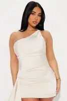 Elegant Champagne Satin Mini Dress with One Shoulder & Strappy Back(Champagne,XS)