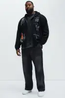 Black 60% Cotton 40% Polyester Drawstring Long Sleeve Full Zip Closure Side Hand Pockets Fragile Screen Print(Black,S)