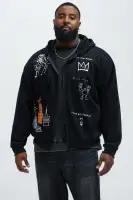 Black 60% Cotton 40% Polyester Drawstring Long Sleeve Full Zip Closure Side Hand Pockets Fragile Screen Print(Black,S)