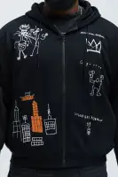 Black 60% Cotton 40% Polyester Drawstring Long Sleeve Full Zip Closure Side Hand Pockets Fragile Screen Print(Black,S)