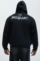 Black 60% Cotton 40% Polyester Drawstring Long Sleeve Full Zip Closure Side Hand Pockets Fragile Screen Print(Black,S)