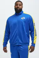 Ribbed Neckline Contrast Trim Full Snap Closure Los Angeles Rams Patches Embroidered Chenille Detail Long Sleeve Jacket(Royal,S)