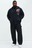 Drawstring Hood Long Sleeve Front Zip Ribbed Cuff Hem Embroidered Printed Jacket(Black,S)
