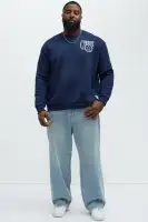 Crew Neck Long Sleeve Screen Print Navy Cotton Polyester Imported Top(Navy,S)