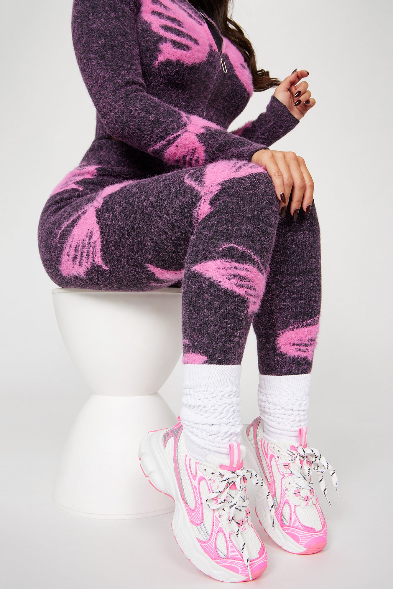 Chunky Sole Sneakers - Hot Pink & Black Round Toe Lace-Up Shoes (Imported, P65 Warning)