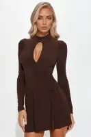 Chocolate Wrap Mini Dress with Mock Neckline & Long Sleeves – Stretchy & Stylish(Chocolate,XS)