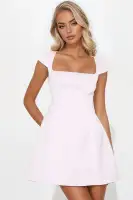 Elegant Satin Mini Dress with Square Neckline & Back Zipper – White & Pink(Pink,XS)