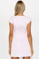 Elegant Satin Mini Dress with Square Neckline & Back Zipper – White & Pink(Pink,XS)