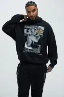 80% Cotton 20% Polyester Black Washed Screen Print Kangaroo Pocket Halter Hoodie Long Sleeve Patchwork Overalls Relaxed & Comfortable