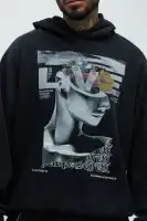80% Cotton 20% Polyester Black Washed Screen Print Kangaroo Pocket Halter Hoodie Long Sleeve Patchwork Overalls Relaxed & Comfortable(Black Wash,S)