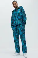 Full-Zip Front Graffiti Print Hoodie Casual Streetwear Blue Pullover(Blue,S)