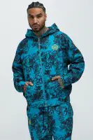 Full-Zip Front Graffiti Print Hoodie Casual Streetwear Blue Pullover