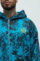 Full-Zip Front Graffiti Print Hoodie Casual Streetwear Blue Pullover(Blue,S)
