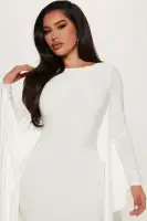 Elegant Long Sleeve High Neck Maxi Dress with Drape Detail - Available in Black & White(White,XS)