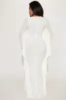 Elegant Long Sleeve High Neck Maxi Dress with Drape Detail - Available in Black & White(White,XS)