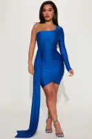 Elegant One-Shoulder Mini Dress with Long Sleeves & Drape Detail – Royal, Black, Hunter