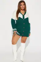 Stylish Pink & Hunter Sweatshirt Mini Dress - Long Sleeves, Y-Neckline, Embroidered Detail, Button Front, Stretchy & Comfortable(Hunter,XS)