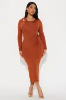 Elegant Black Ruched Midi Dress with Cut-Out Details & Tie Waist – Long Sleeve Stretch Rayon