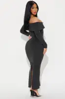 Elegant Off-Shoulder Sweater Maxi Dress with Long Sleeves & High Slit – Charcoal(Charcoal,XS)