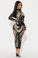 Elegant Black Collared Sweater Midi Dress with Long Sleeves & Front Slit(Black/combo,XS)