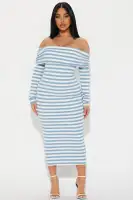 Elegant Striped Off-Shoulder Midi Dress with Long Sleeves - Blue/Combo & Green/Combo