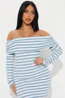 Elegant Striped Off-Shoulder Midi Dress with Long Sleeves - Blue/Combo & Green/Combo(Blue/combo,XS)