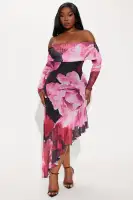 Floral Off-Shoulder Mini Dress with Long Sleeves & Asymmetrical Hem - Black/Pink(Black/Pink,XS)