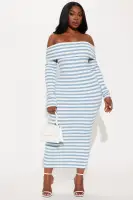 Elegant Striped Off-Shoulder Midi Dress with Long Sleeves - Blue/Combo & Green/Combo(Blue/combo,XS)