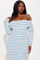 Elegant Striped Off-Shoulder Midi Dress with Long Sleeves - Blue/Combo & Green/Combo(Blue/combo,XS)