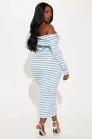Elegant Striped Off-Shoulder Midi Dress with Long Sleeves - Blue/Combo & Green/Combo(Blue/combo,XS)