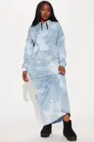 Tie Dye Hooded Maxi Dress with Long Sleeves & Front Pocket – Stretchy & Unique Design (Blue/Combo)(Blue/combo,XS)