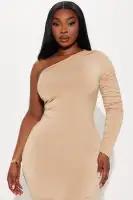Elegant One-Shoulder Maxi Dress with Long Sleeves & Thigh Slit – Stretchy Polyester-Spandex Blend – Taupe(Taupe,XS)