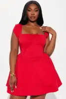 Elegant Ruched Mini Dress with Sweetheart Neckline & Bow Detail - Red or Black(Red,XS)