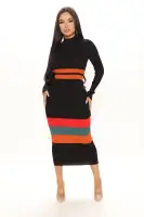 Elegant Black & Combo Striped Mock Neck Sweater Midi Dress - Long Sleeve, Heavy Rib Stretch (52% Viscose, 48% Nylon)