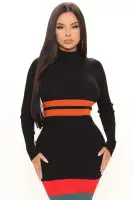 Elegant Black & Combo Striped Mock Neck Sweater Midi Dress - Long Sleeve, Heavy Rib Stretch (52% Viscose, 48% Nylon)(Black/combo,XS)