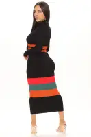 Elegant Black & Combo Striped Mock Neck Sweater Midi Dress - Long Sleeve, Heavy Rib Stretch (52% Viscose, 48% Nylon)(Black/combo,XS)