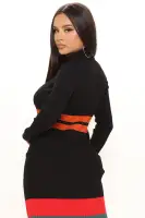 Elegant Black & Combo Striped Mock Neck Sweater Midi Dress - Long Sleeve, Heavy Rib Stretch (52% Viscose, 48% Nylon)(Black/combo,XS)