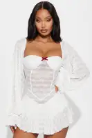 Black Cozy Micro Mini Dress with Sweetheart Neckline & Puff Sleeves – Corset Waist & Sheer Back